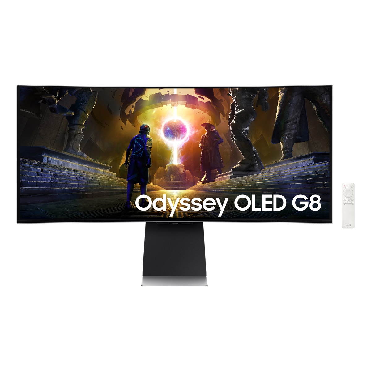 Front view of the Samsung Odyssey OLED G8 ultra‑wide curved gaming monitor on its stand with a game on screen.
