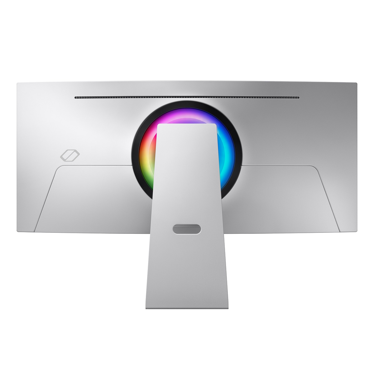 Rear view of the monitor showing the circular RGB lighting ring and minimalist silver finish.