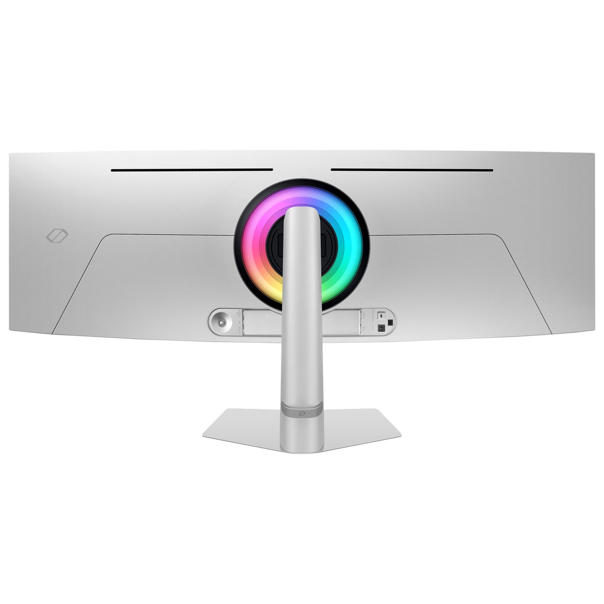 Rear view of the monitor showing RGB core lighting and open port covers for connectivity