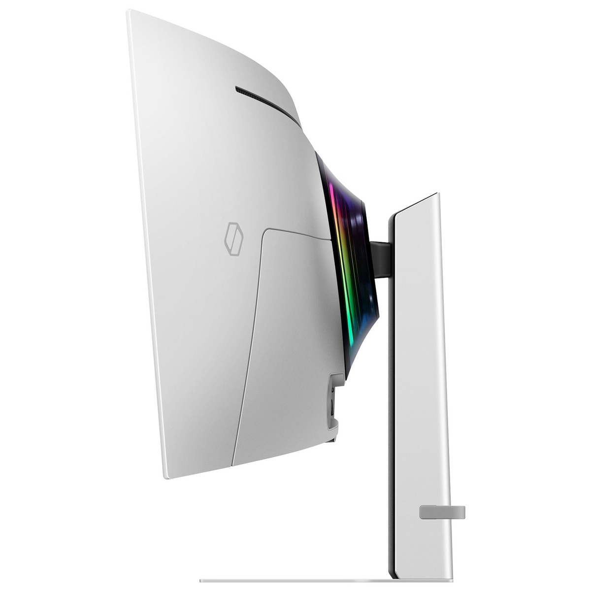Side profile showing the slim panel, curved chassis, and adjustable stand of the monitor