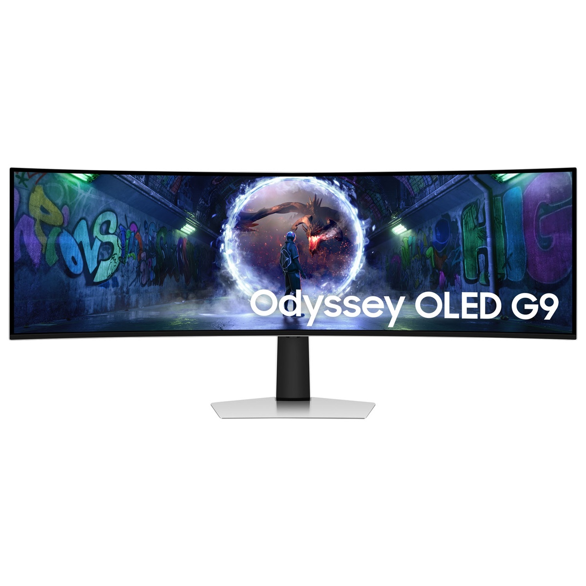Front view of Samsung Odyssey OLED G9 49-inch curved ultra-wide monitor on its stand displaying a game scene