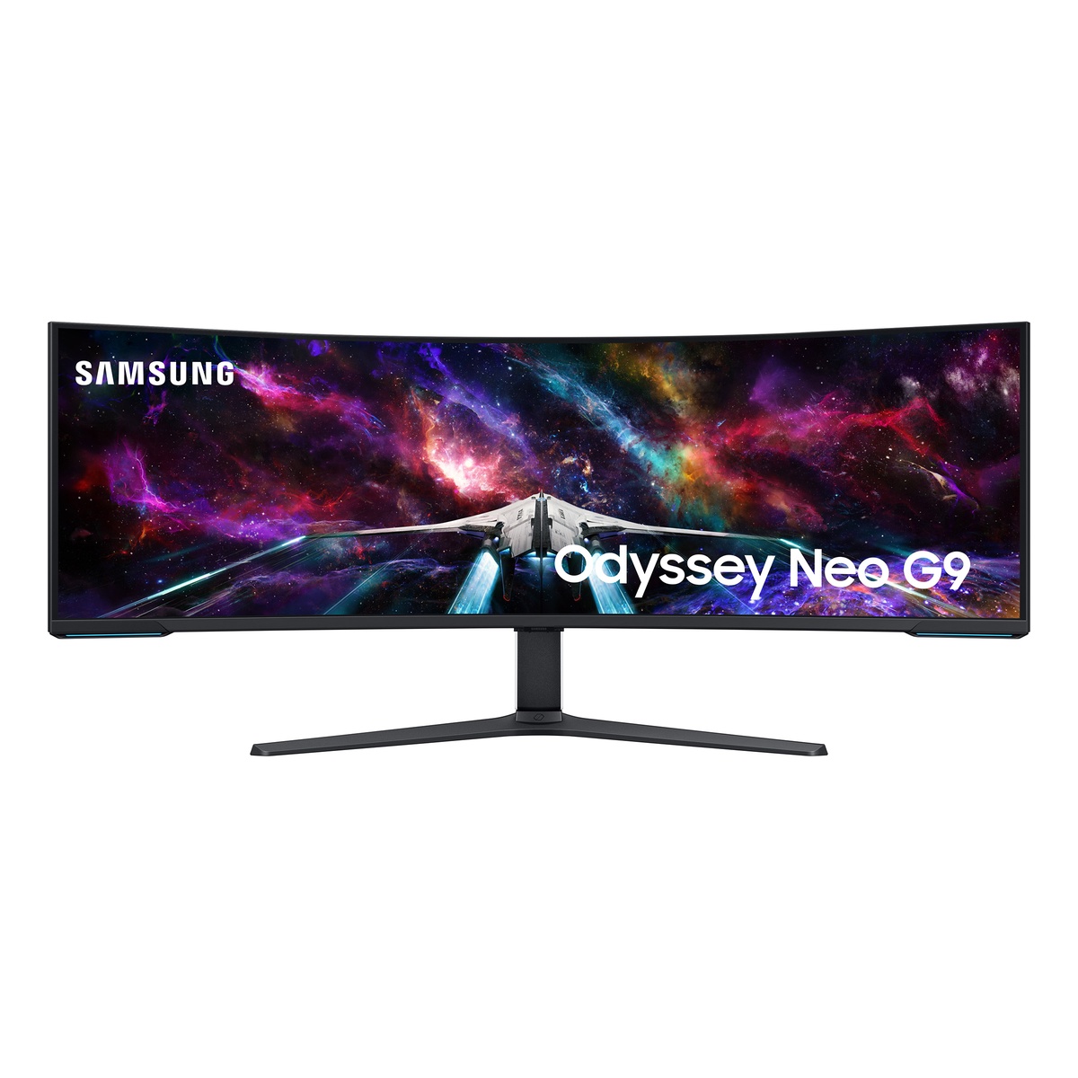 Front view of Samsung Odyssey Neo G9 ultra‑wide curved gaming monitor on stand displaying a colorful space scene.