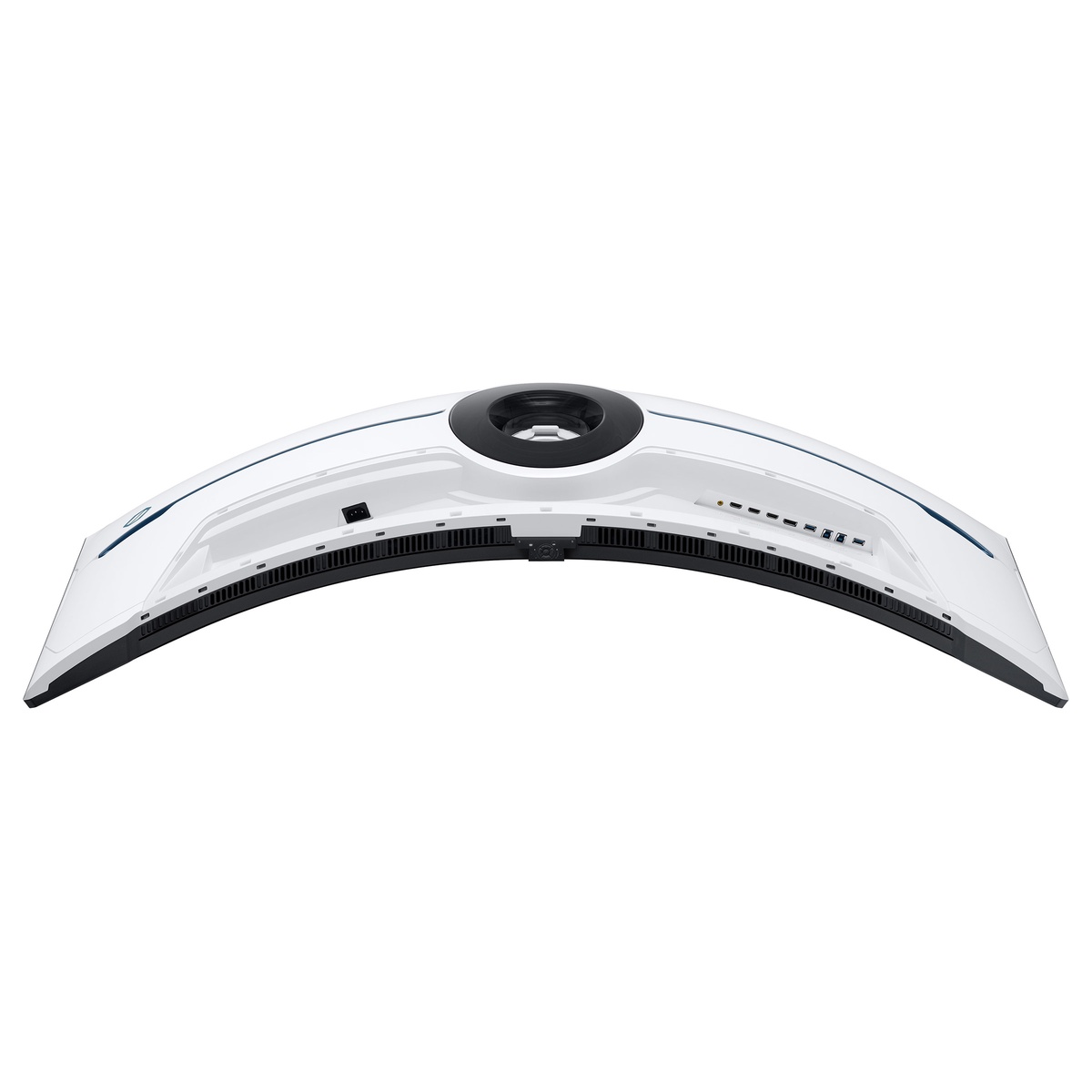 Underside view highlighting the array of ports along the back edge of the monitor.