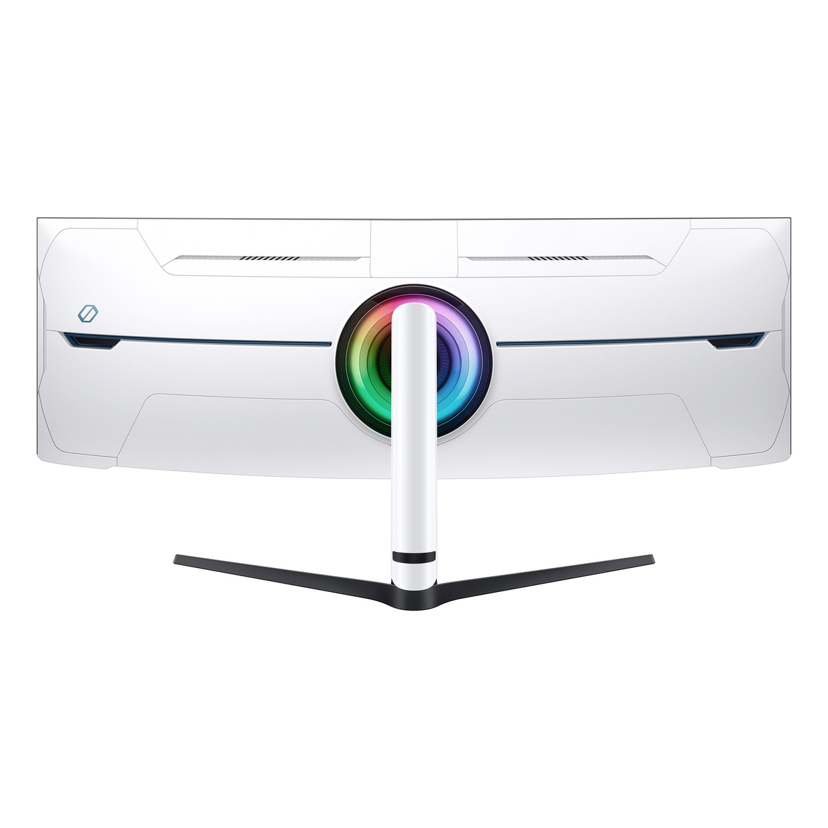 Rear view of the monitor showing white finish and circular RGB core lighting around the stand mount.