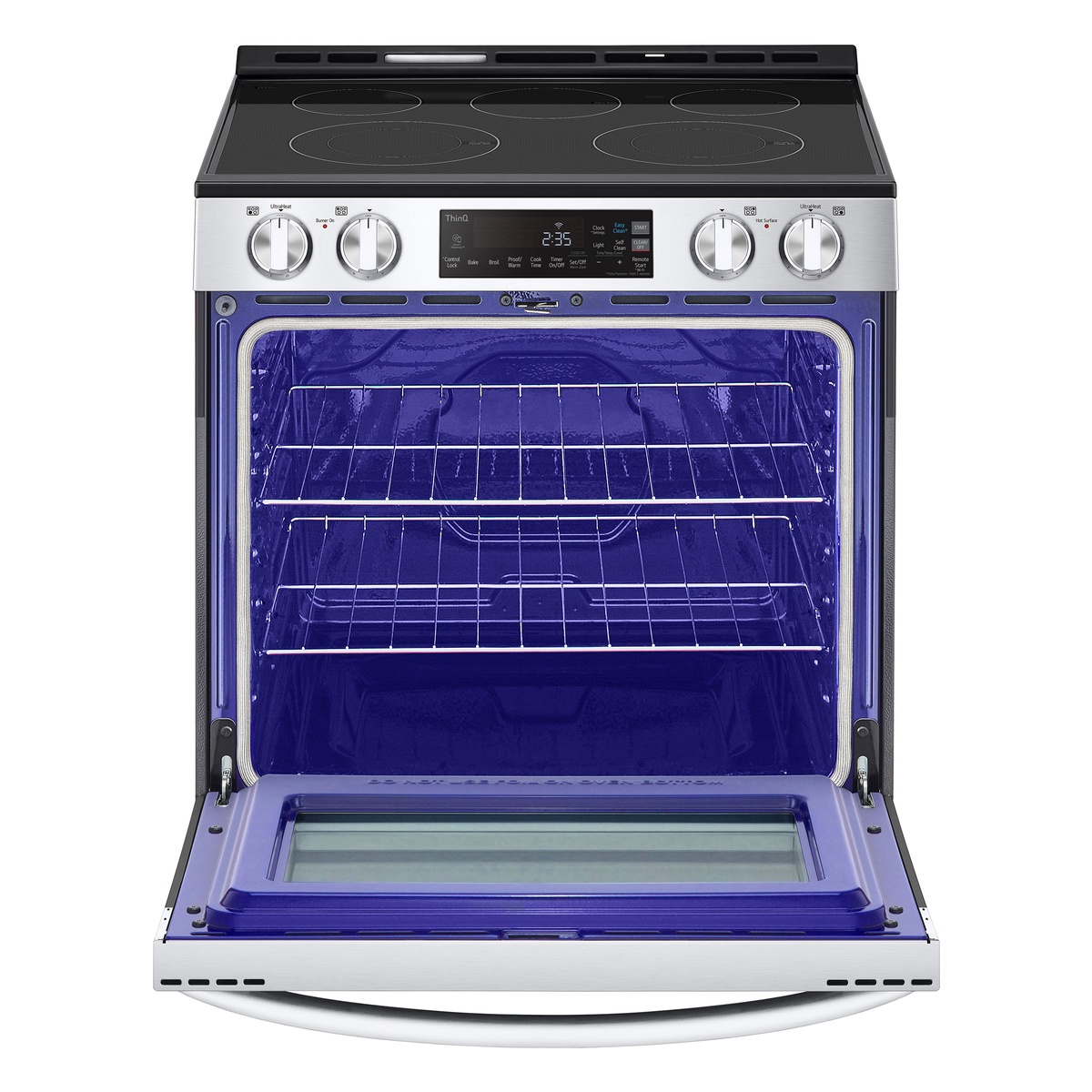 LG range open showing spacious blue 6.3 cu ft oven with two racks.