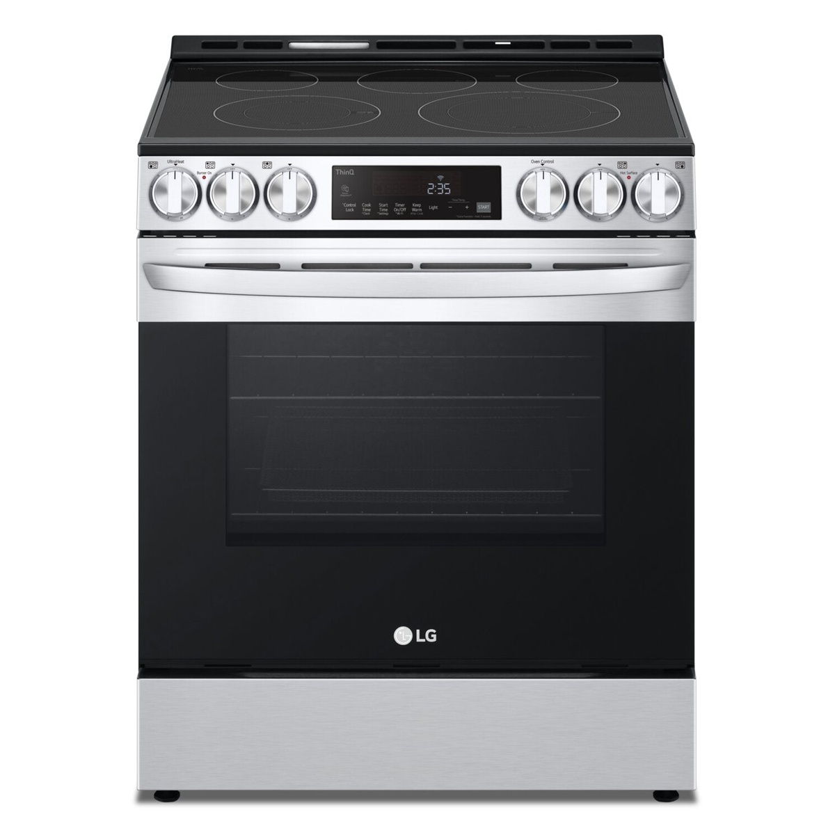 LG slide-in electric range with front knobs and black glass cooktop