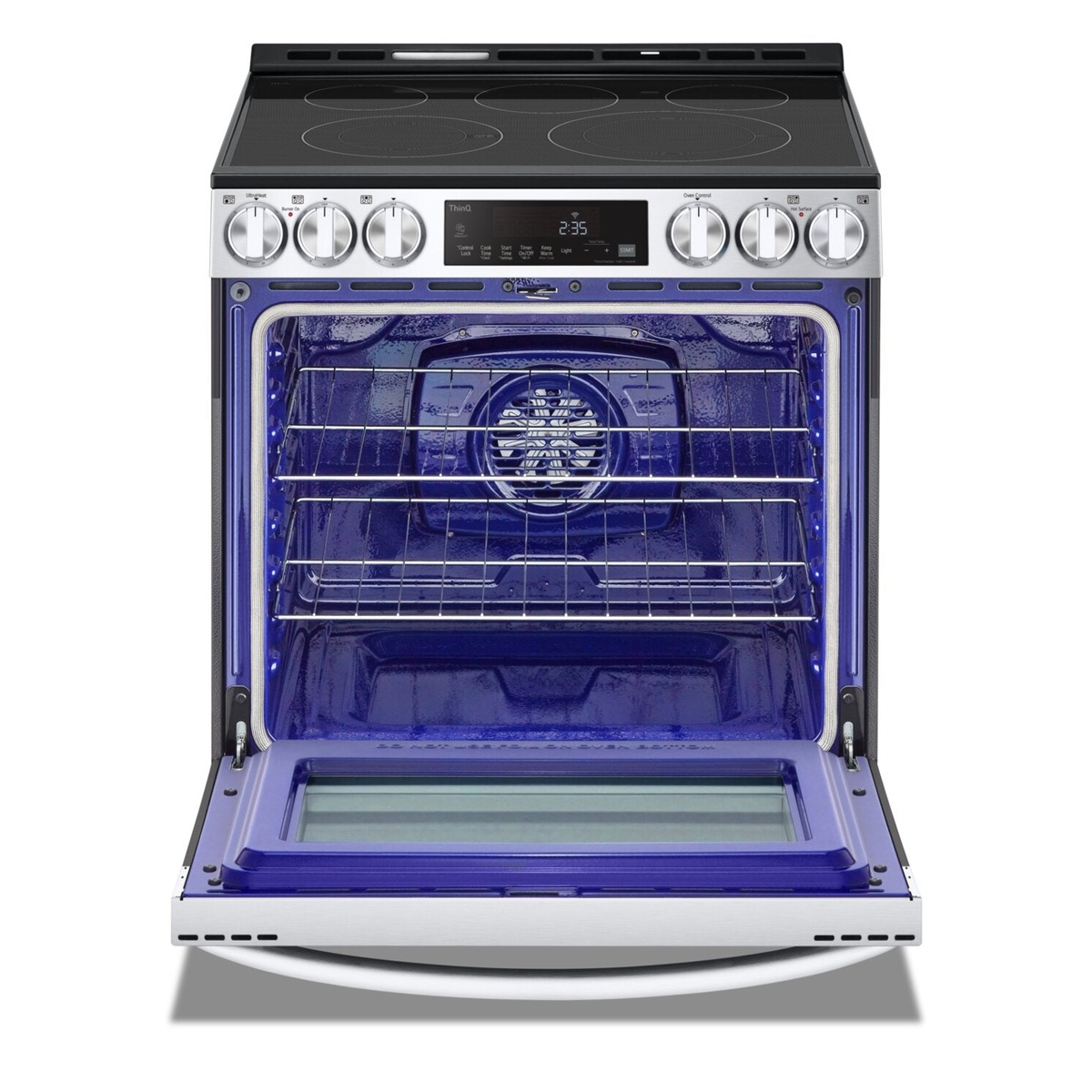 Open oven with blue interior and convection fan