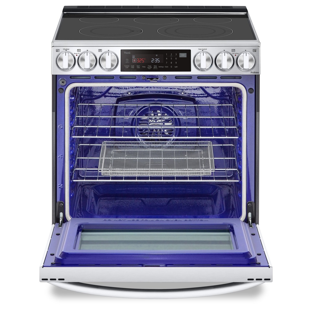 Open oven with brilliant blue interior, convection fan and air fry tray