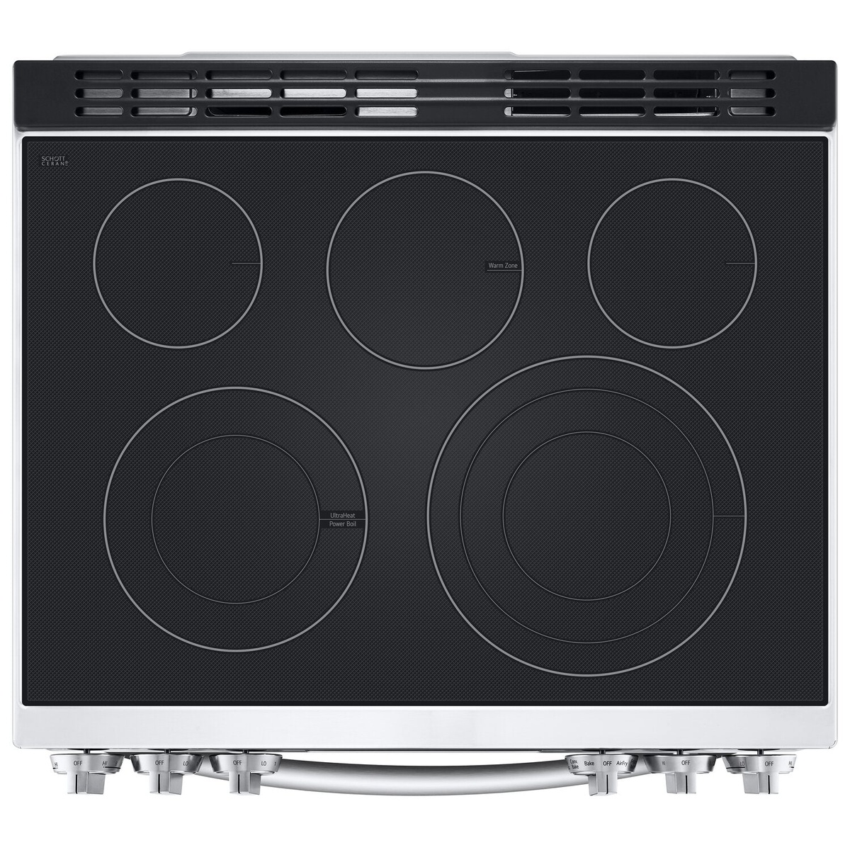 Top view of 5-element smooth ceramic cooktop with triple and warming zones
