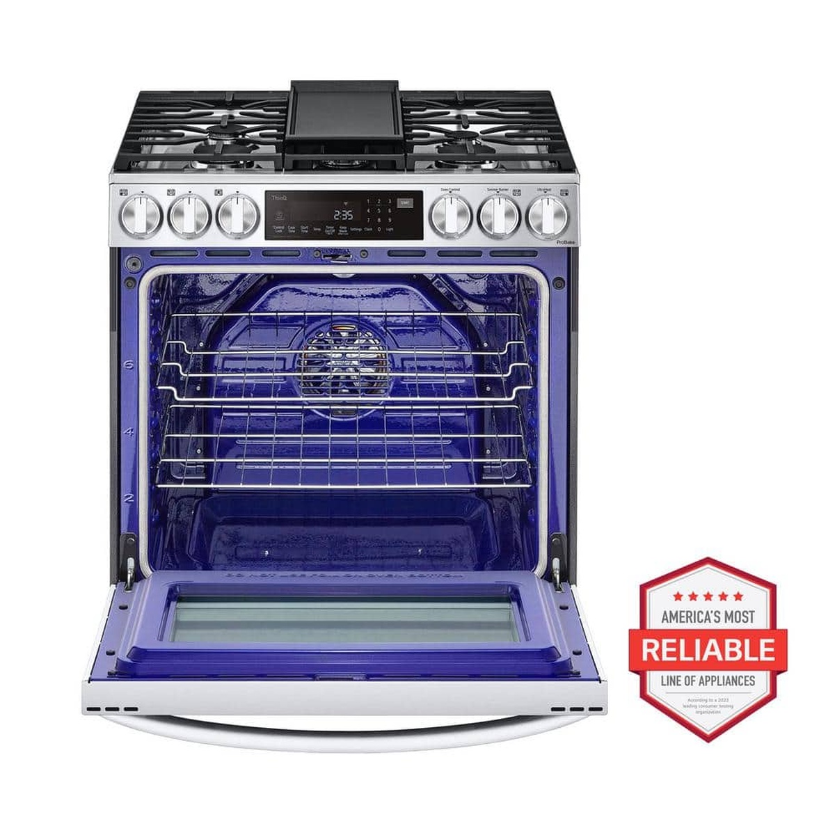 Open oven showing spacious blue interior and convection fan of the LG range