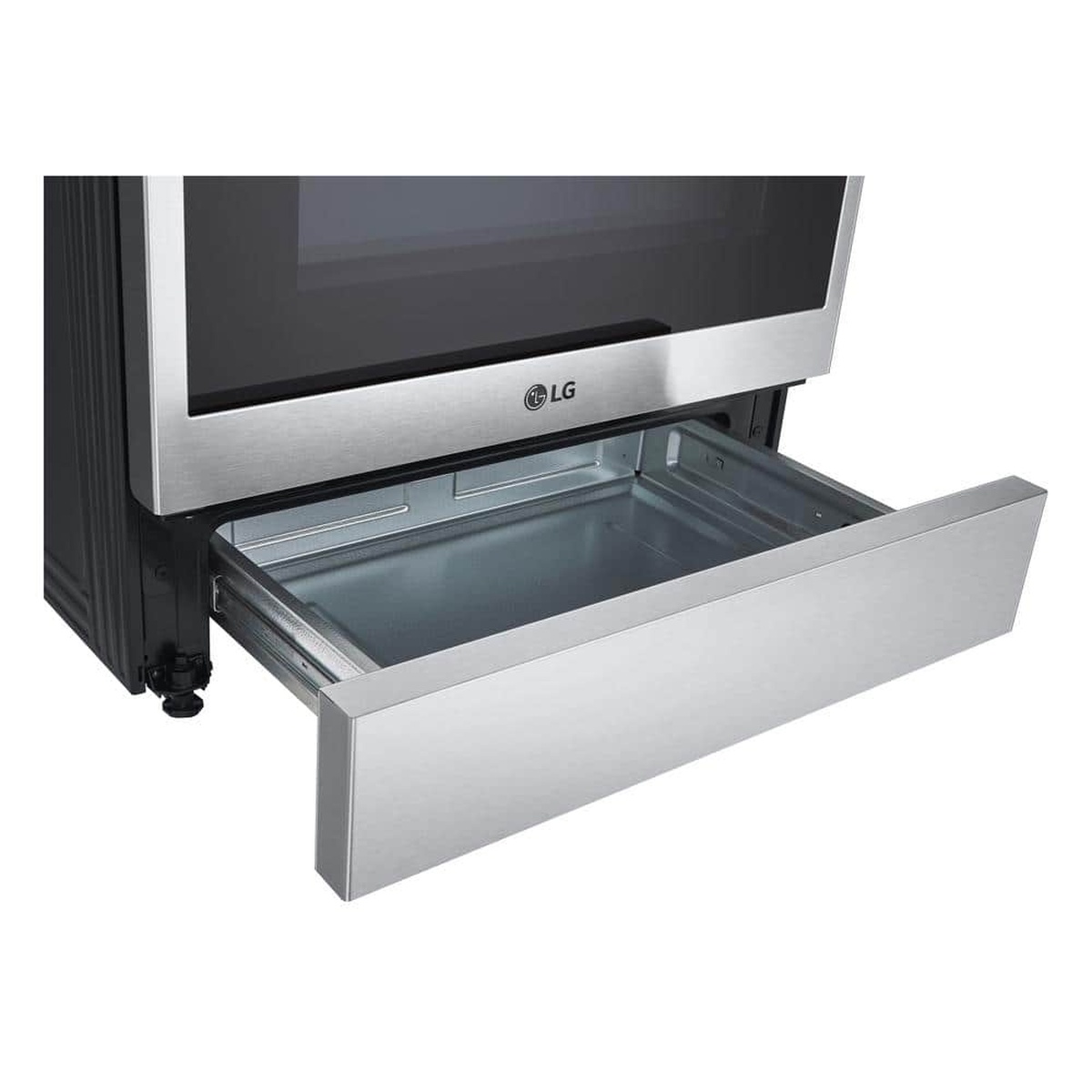 Lower storage drawer open on the LG LSGL6335F range