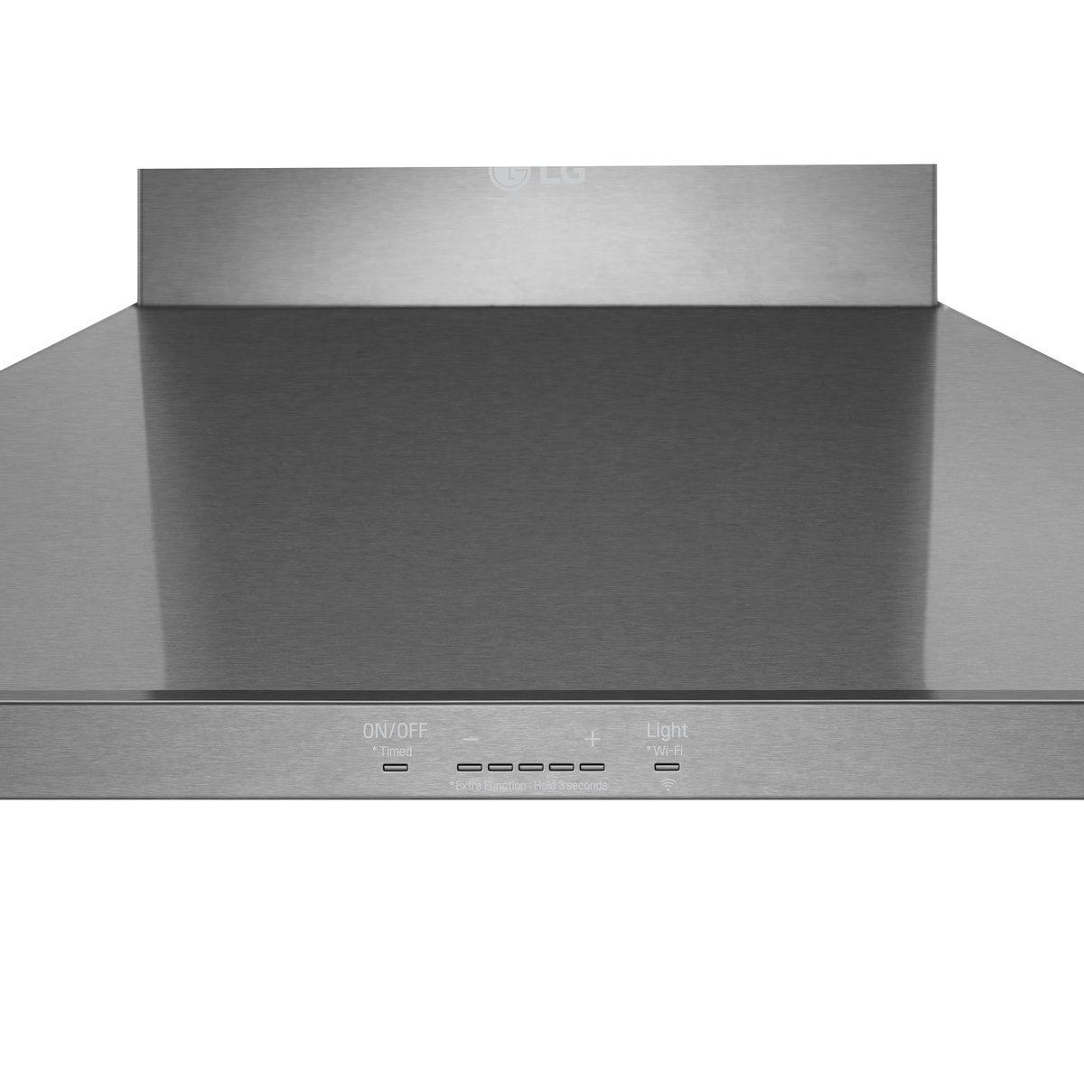 Close-up of LG Studio hood touch controls and LED indicators