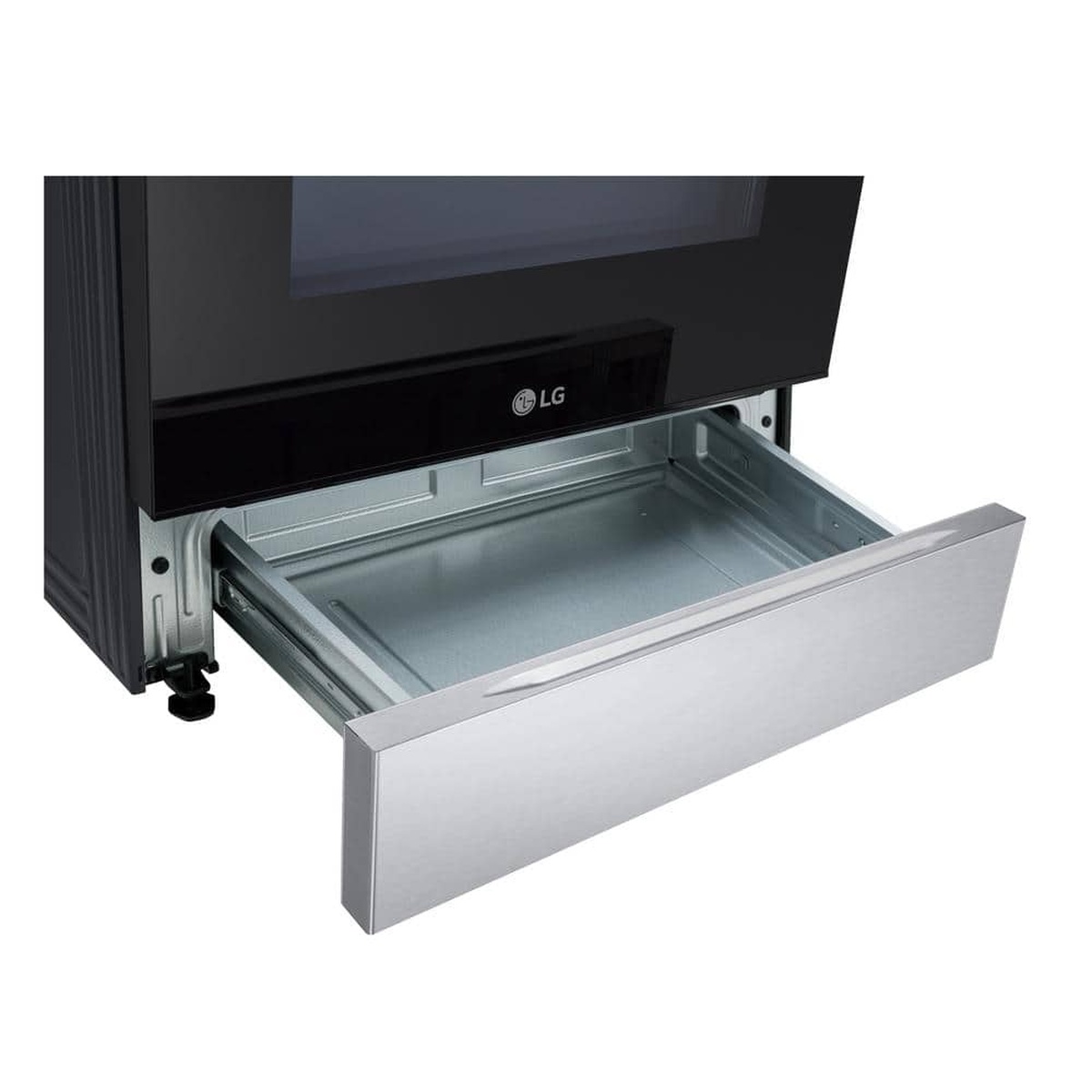 Lower storage drawer of the LG slide-in range opened
