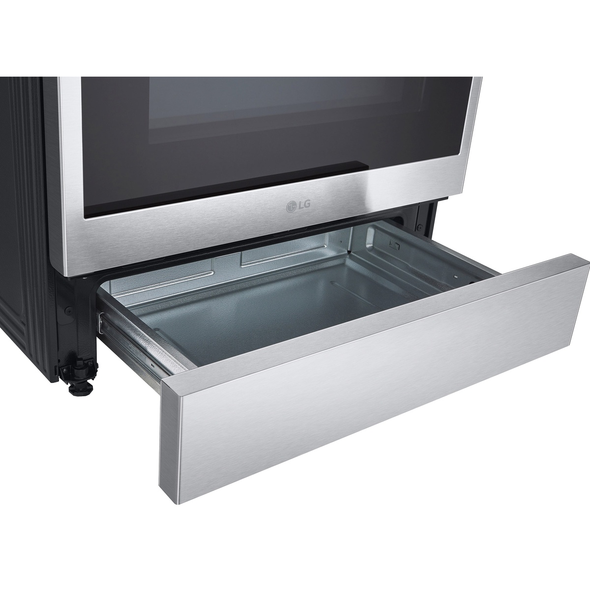 Pull‑out lower storage drawer beneath the LG range oven.