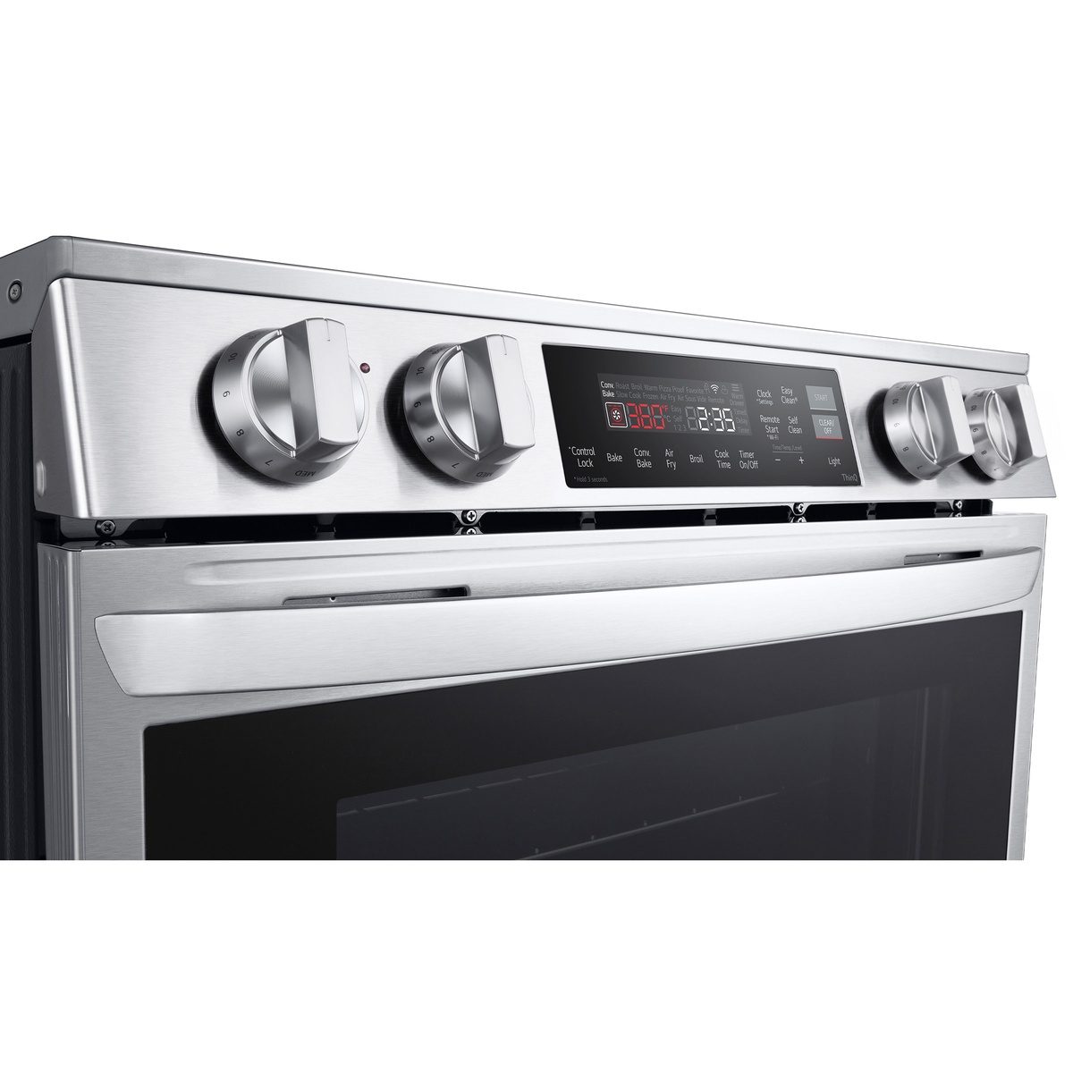 Close view of the front controls with SmoothTouch panel and knob layout on the LG range.