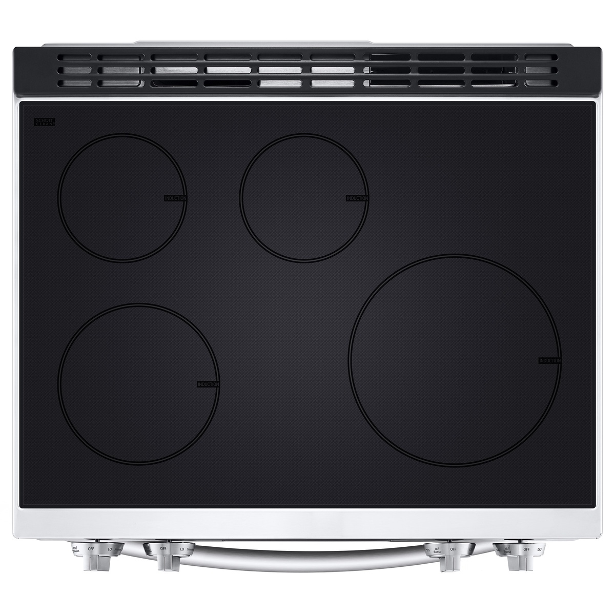 Top view of the LG induction cooktop showing four clearly marked induction zones.