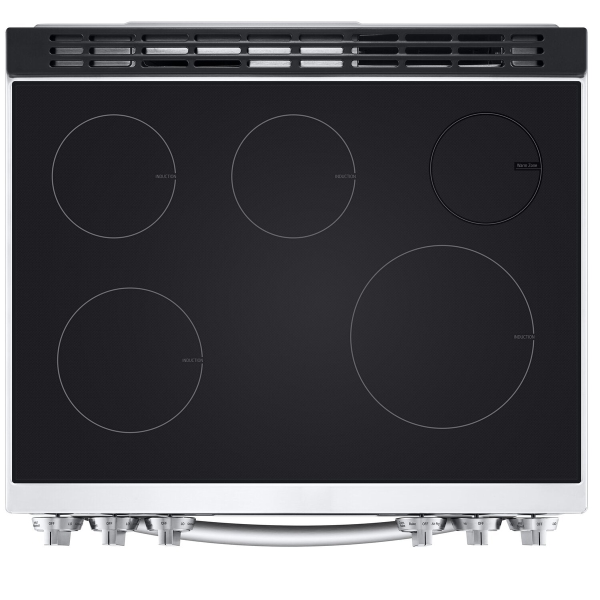 Top view of LG slide-in induction range showing five-element layout with warming zone