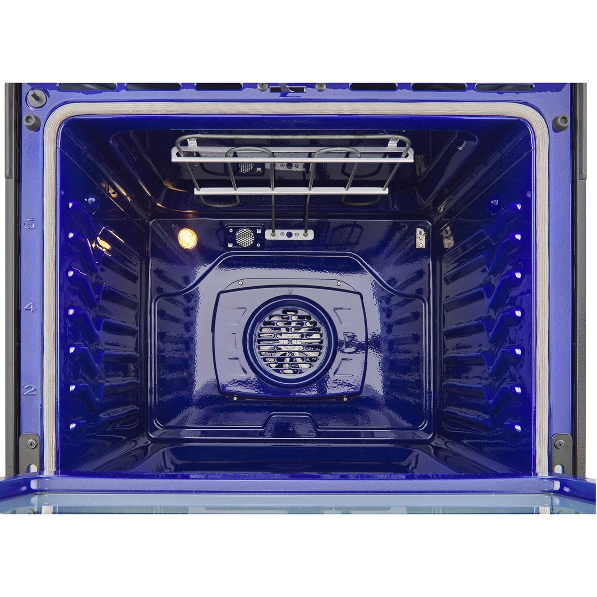 Blue enamel oven interior with rear convection fan and racks