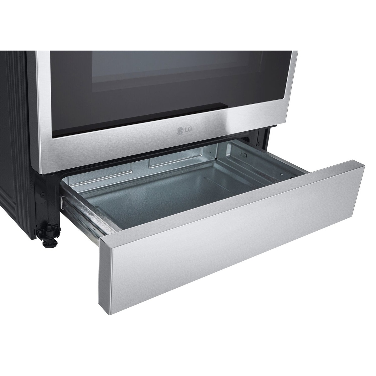 Pull-out lower storage drawer beneath the oven door
