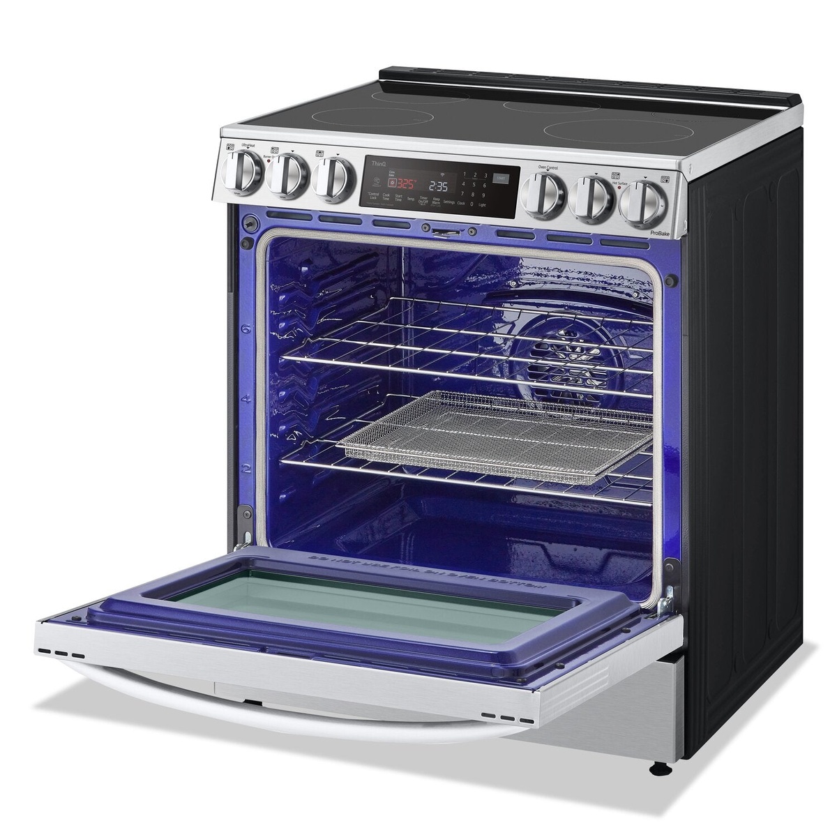 Oven with air fry basket positioned on rack