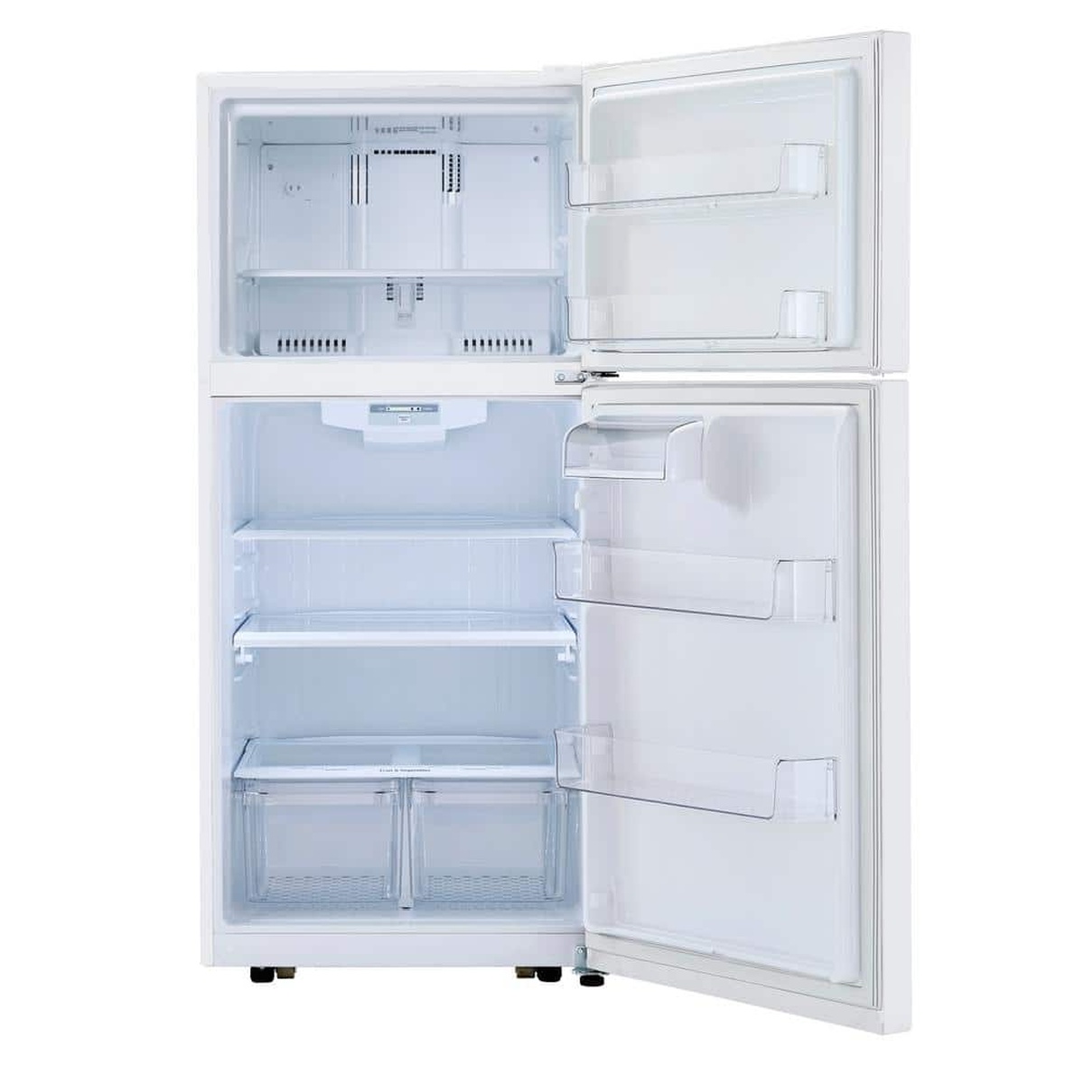 LG top-freezer refrigerator open, showing adjustable glass shelves and door bins.