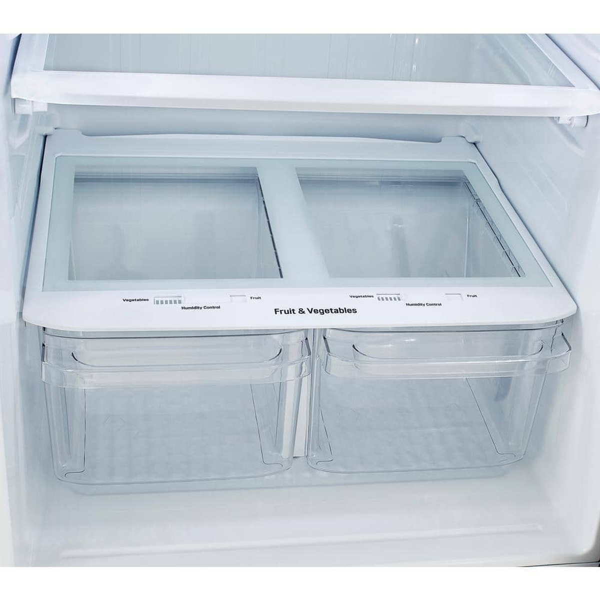 Close-up of dual humidity-controlled crisper drawers labeled Fruit & Vegetables.