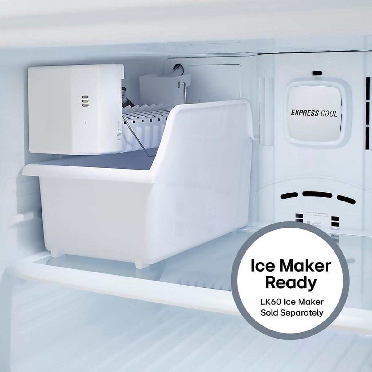 Freezer compartment showing optional ice maker area with Ice Maker Ready badge.