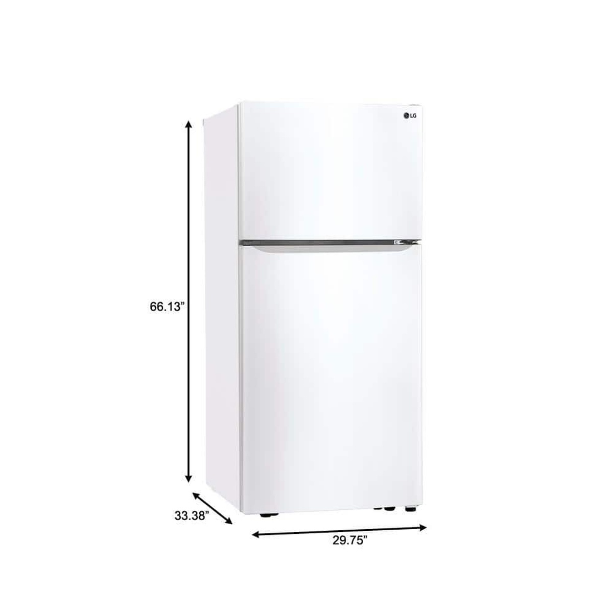 30-inch wide LG refrigerator with dimensions: 66.13 in H, 29.75 in W, 33.38 in D.