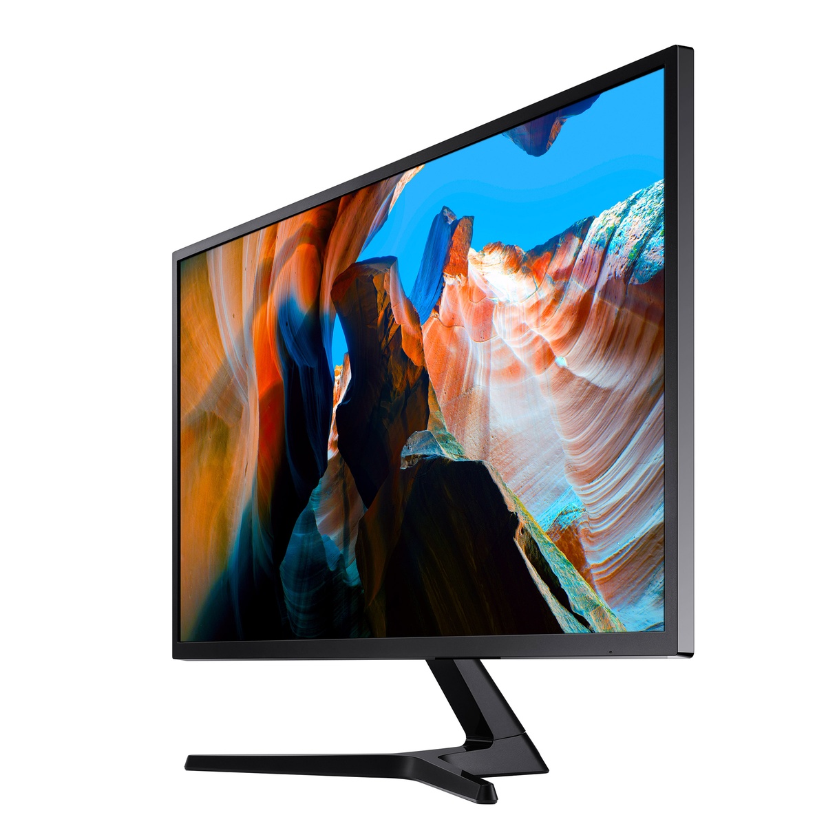 Angled view of the Samsung monitor with slim profile and Y-shaped stand.