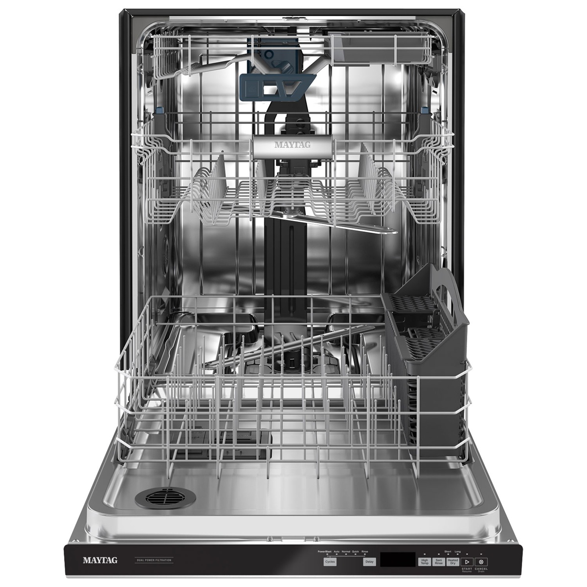 Stainless steel interior showing racks including third level rack and silverware basket