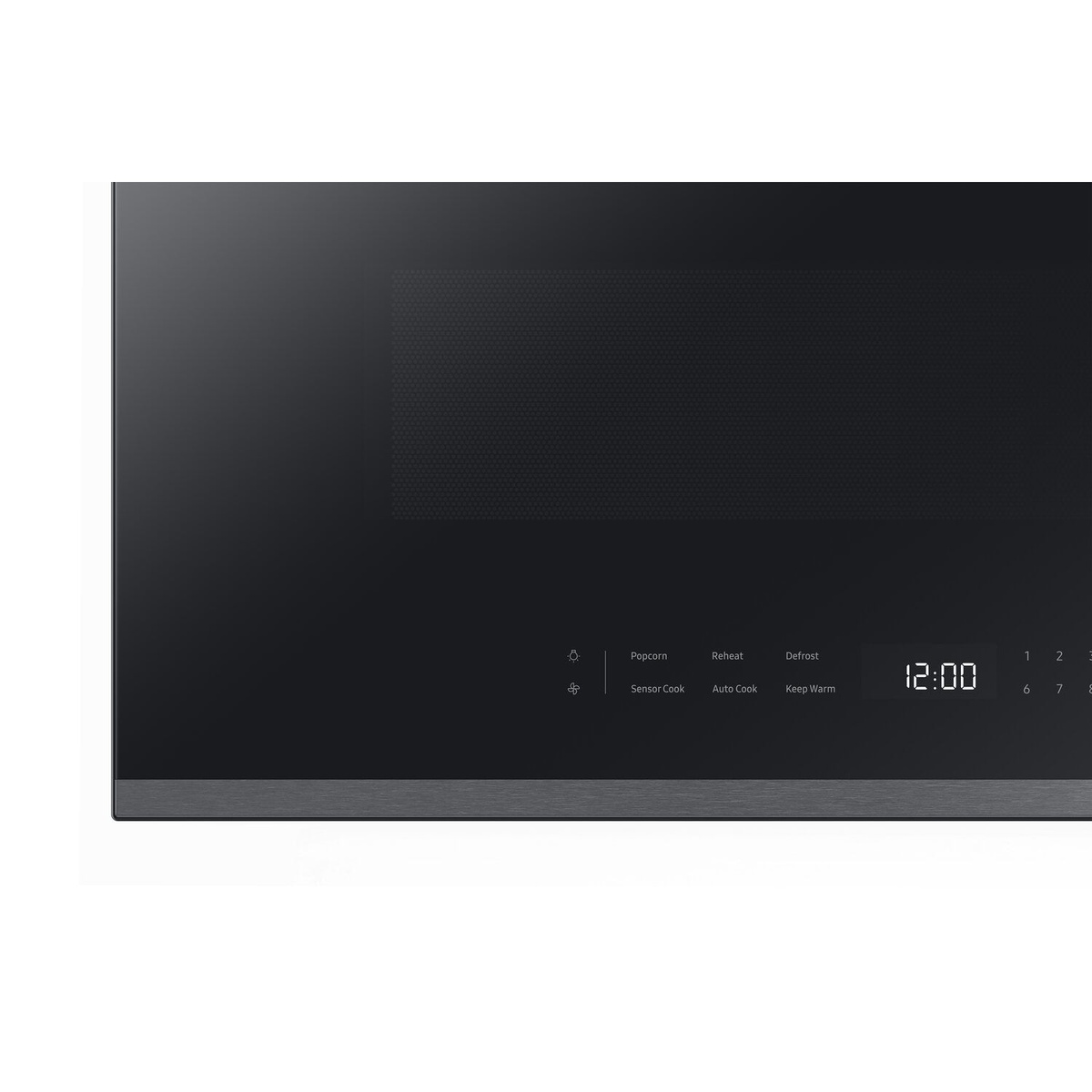 Close-up of glass touch panel with presets like Popcorn, Reheat, Defrost and Keep Warm.