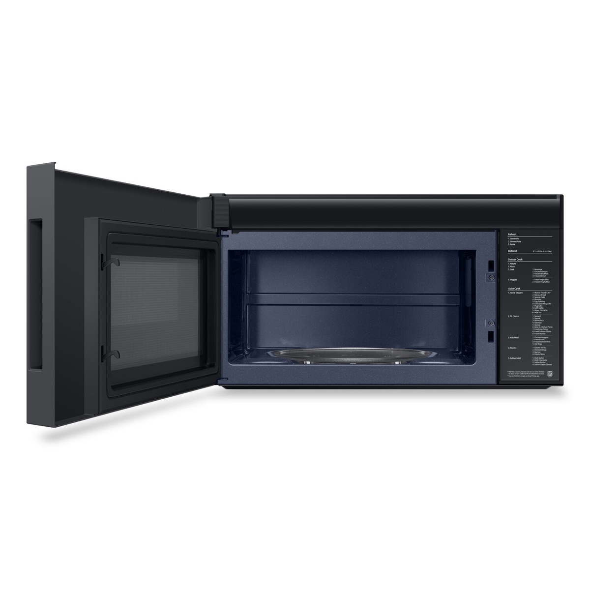 Open microwave showing roomy 2.1 cu. ft. interior and turntable.