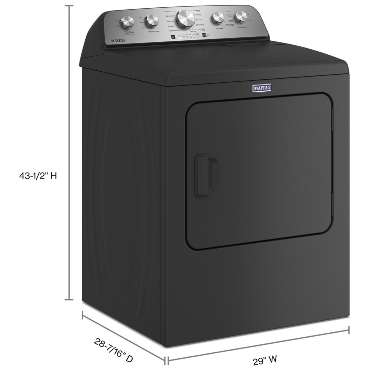 Product shown with callouts displaying approximate dimensions: 43-1/2 in height, 29 in width, 28-7/16 in depth.
