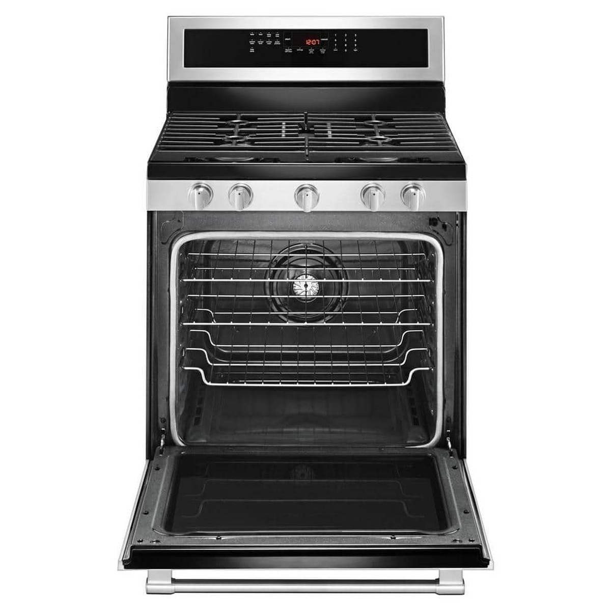 Open oven showing true convection fan and multiple rack positions