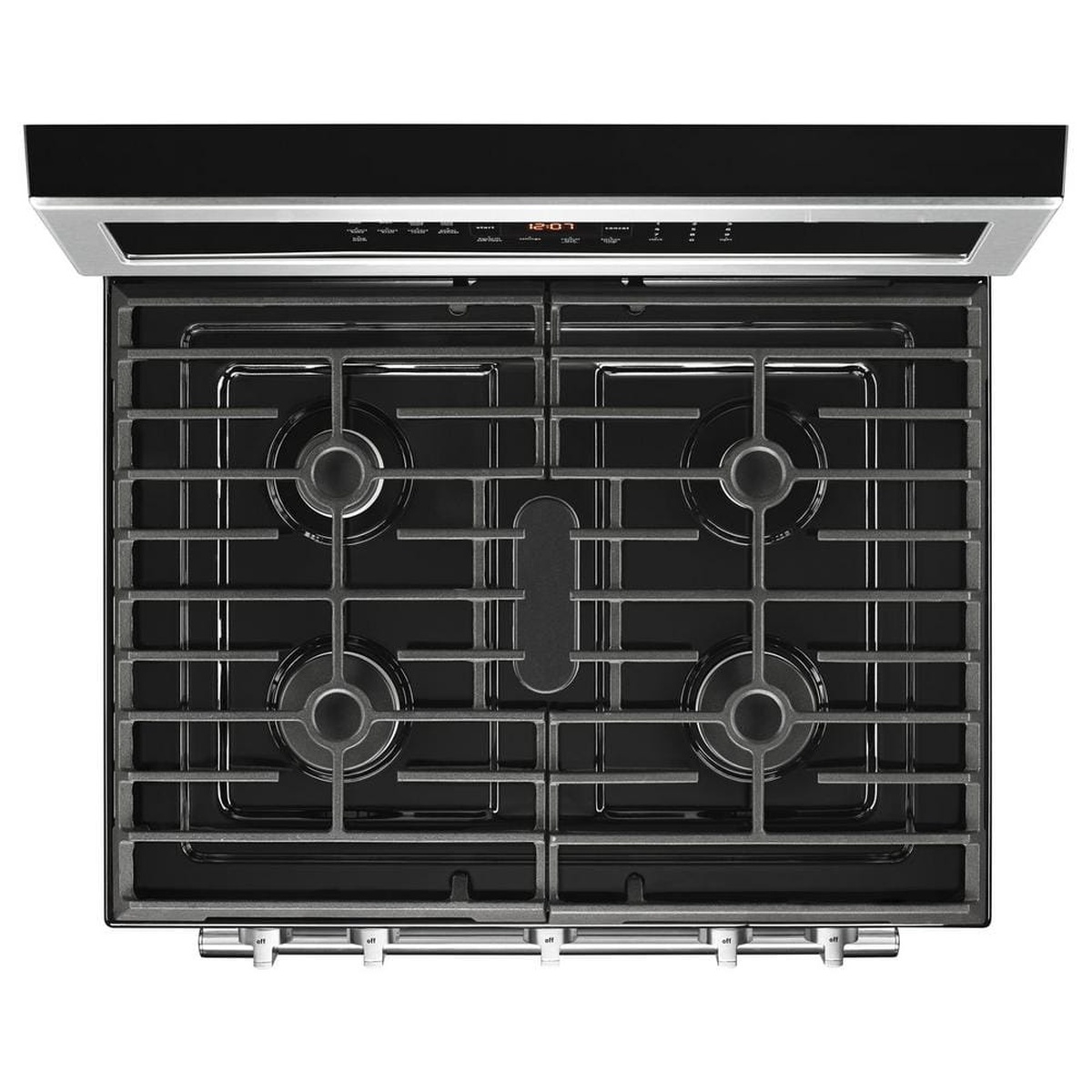 Top view of 5-burner cooktop with center oval burner and continuous grates