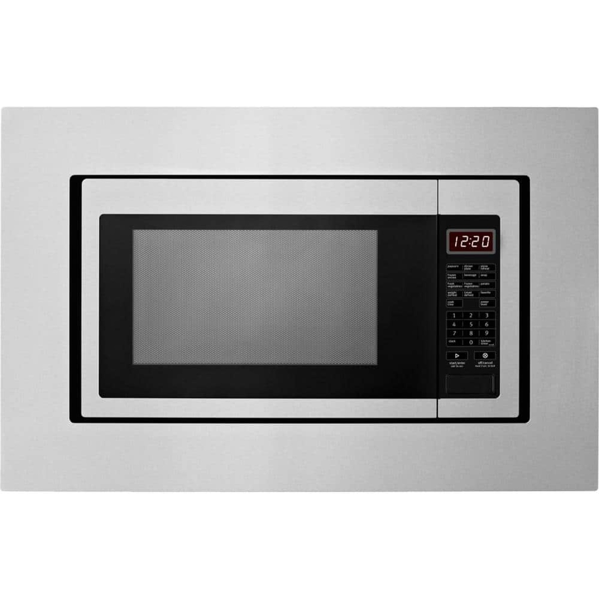 Whirlpool 27-inch stainless steel microwave trim kit installed around a countertop microwave.