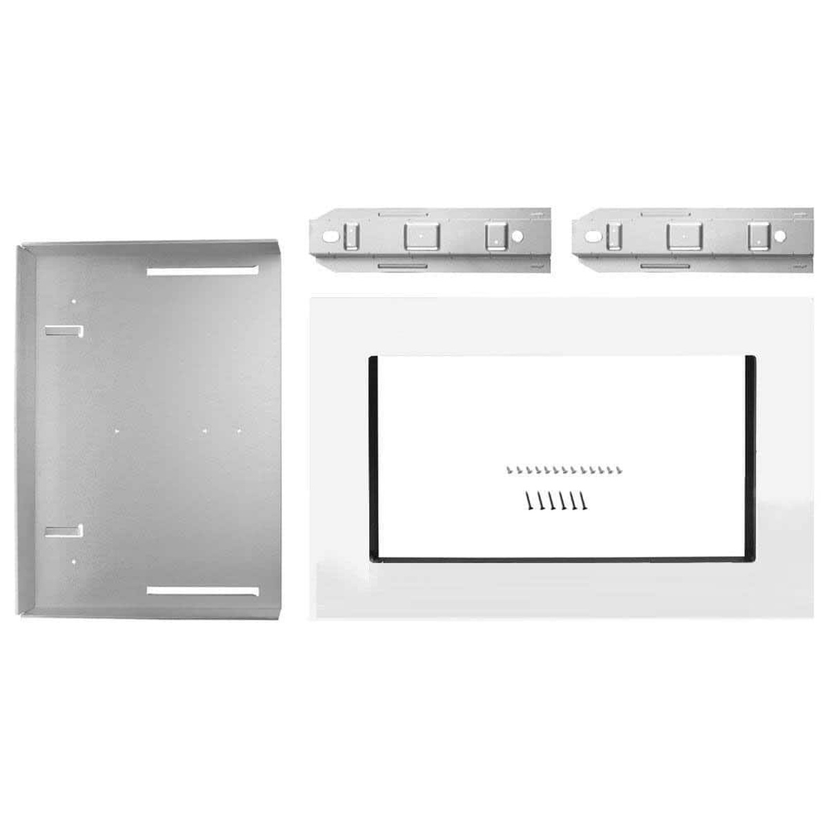 MK2167AW trim kit components including white faceplate, metal side panels, brackets and screws.
