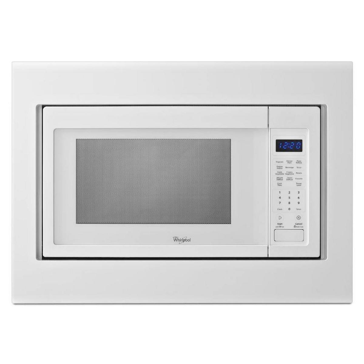 Microwave installed with the white 27-inch trim kit for an integrated, built-in look.
