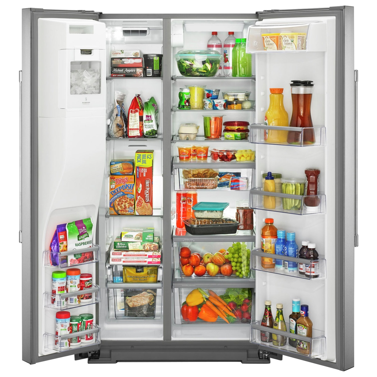 Side-by-side refrigerator interior fully stocked showing adjustable shelves, bins, and LED lighting