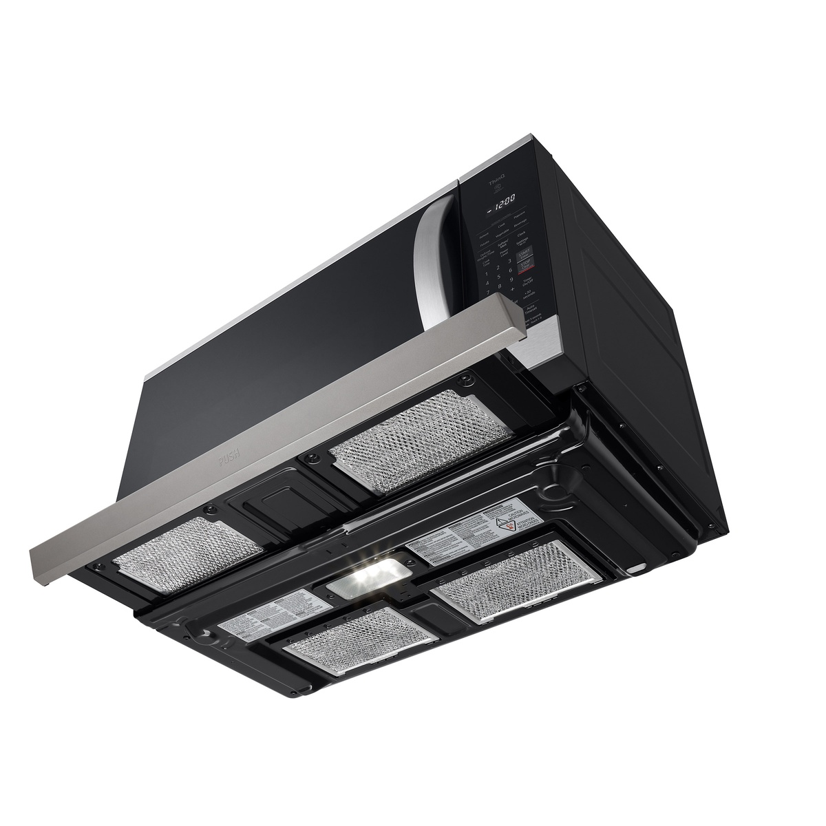 Bottom view highlighting ExtendaVent panel and multi‑filter ventilation on LG microwave