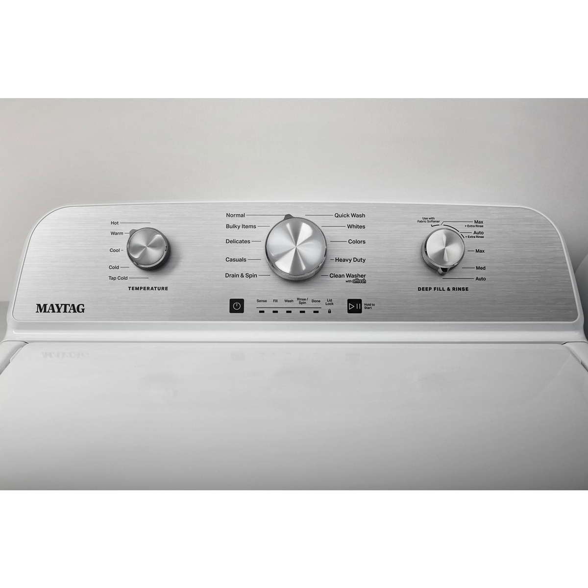 Close view of Maytag MVW4505MW control panel showing temperature, cycle, and deep fill knobs