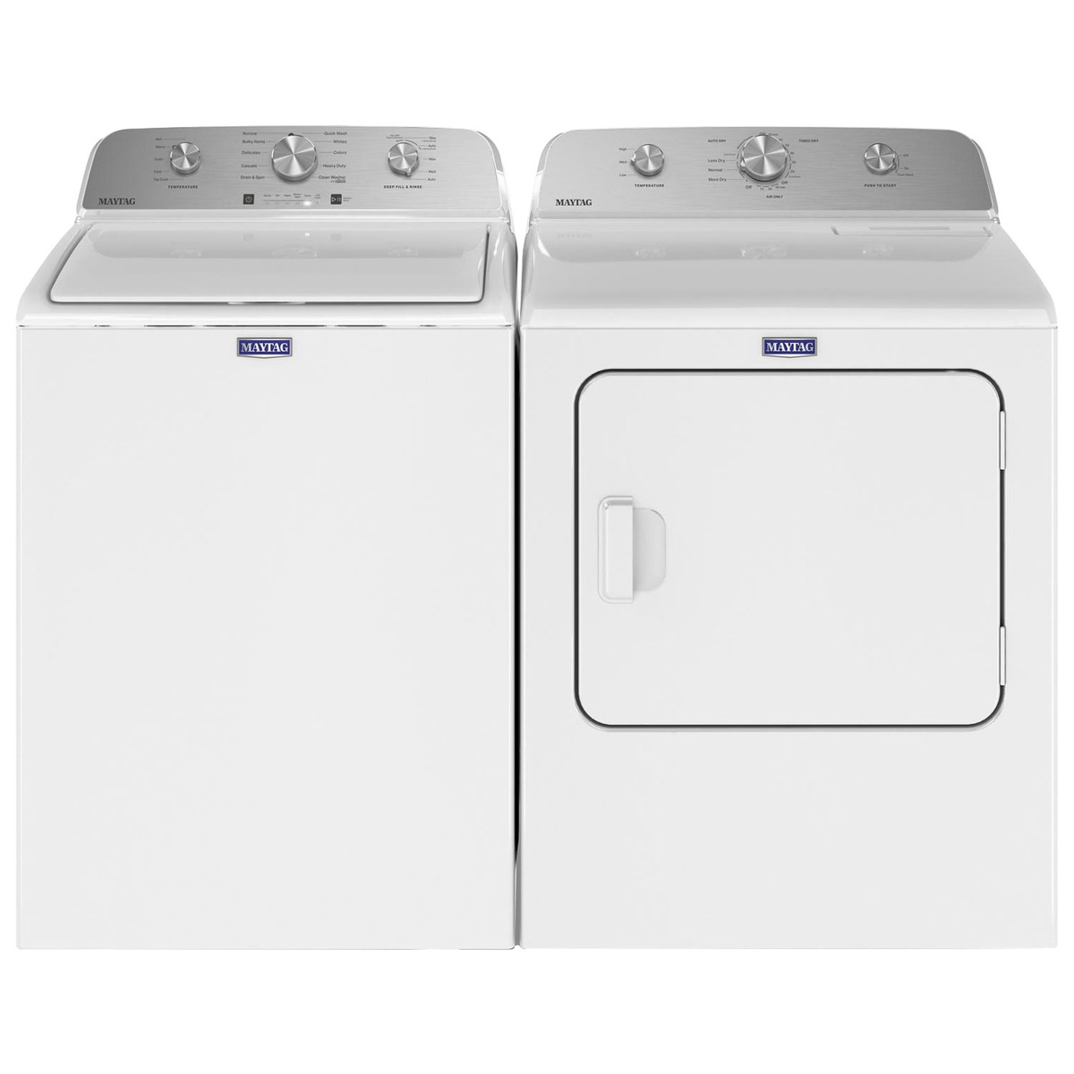 Front view of Maytag washer beside matching dryer
