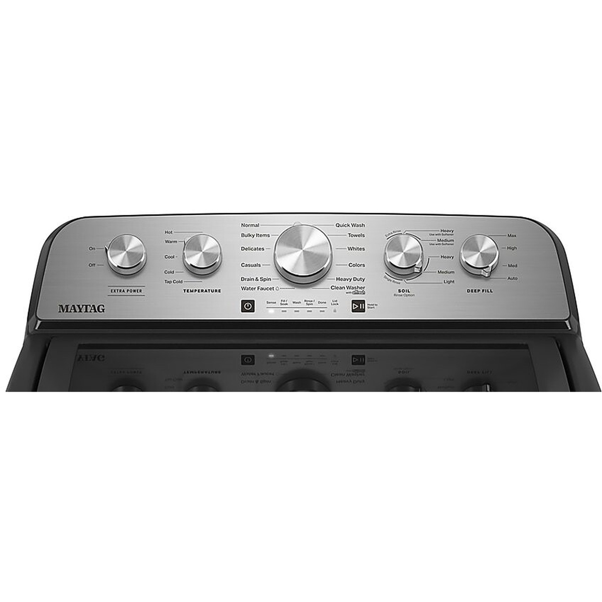 Close-up of Maytag washer control panel with cycle dial and option knobs