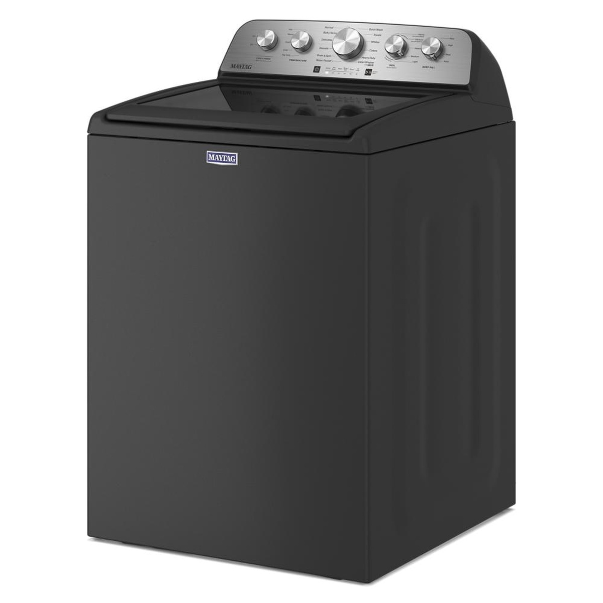 Angled view of the Maytag top-load washer in volcano black with tinted glass lid and knob console