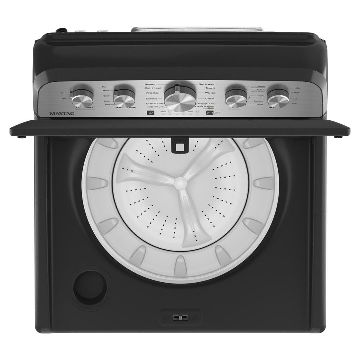 Top view inside the Maytag washer showing the impeller wash plate and dial controls