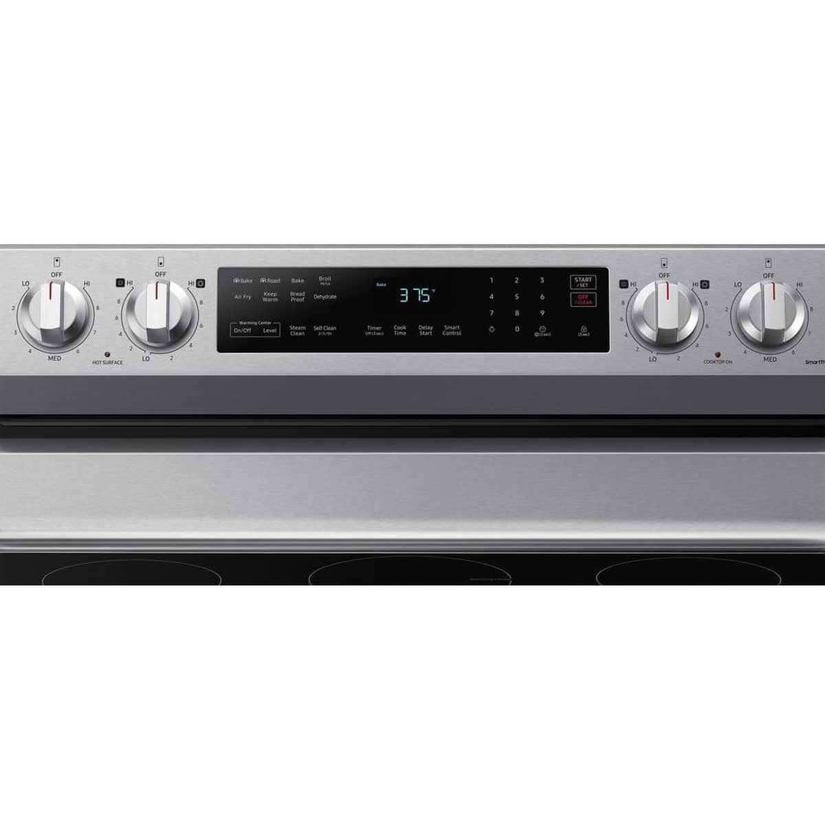 Control panel with knobs and digital display showing preset cooking modes