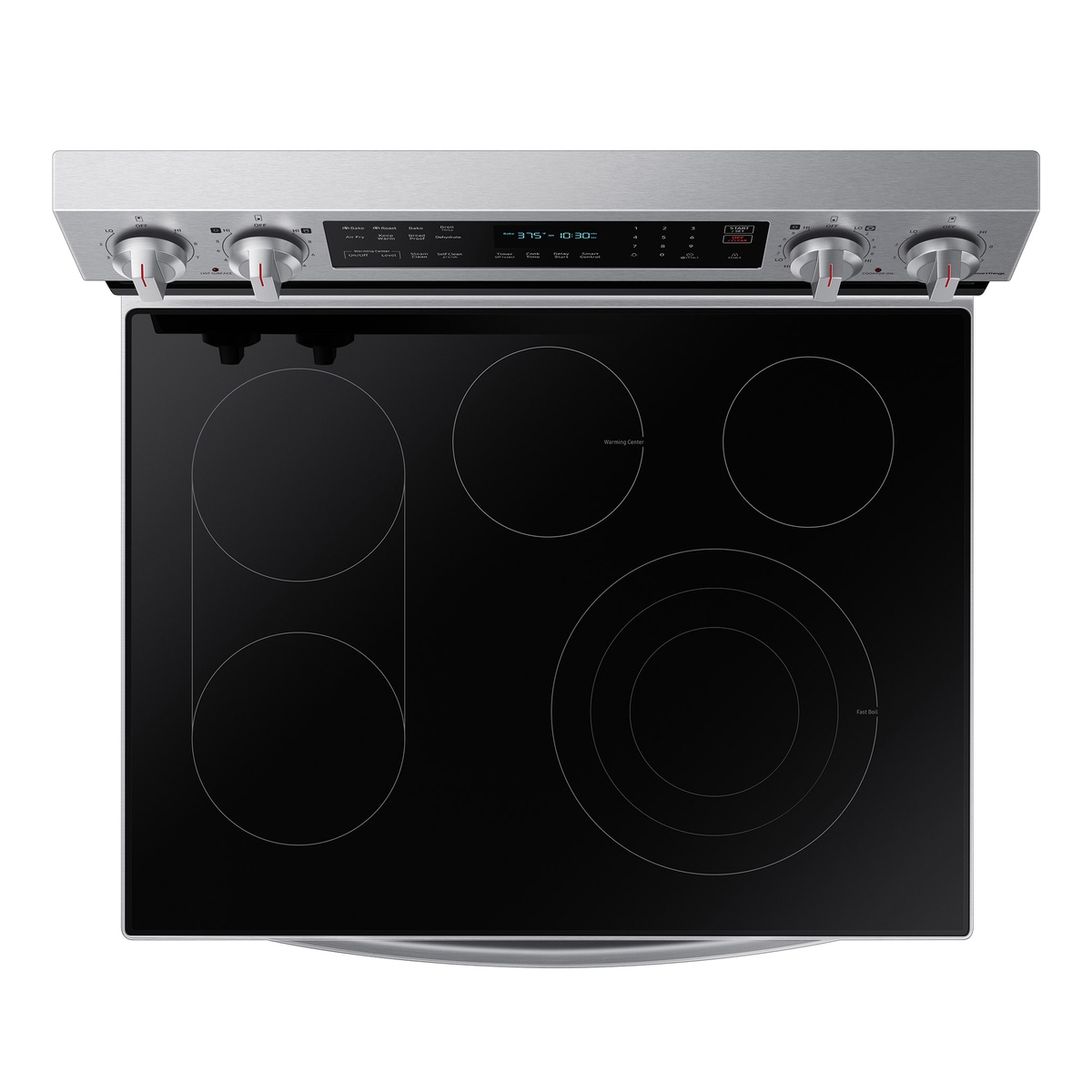 Top-down view of the black ceramic cooktop with five radiant elements including a dual-ring burner.