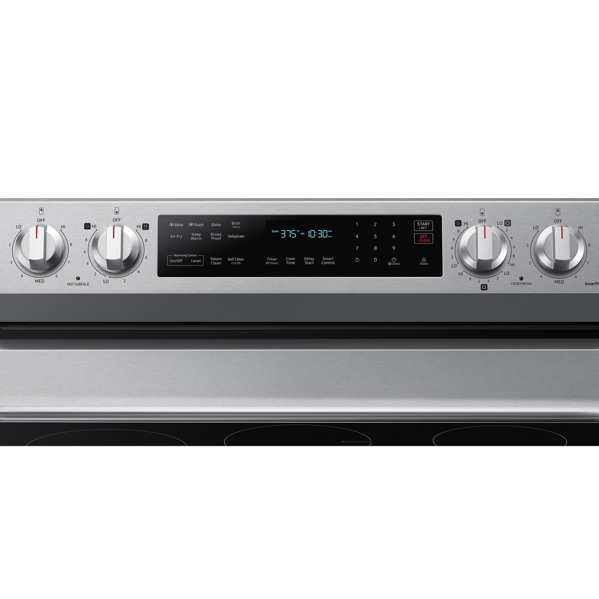 Range control panel close‑up showing Air Fry, Roast, Bake, Steam Clean and Wi‑Fi smart controls.