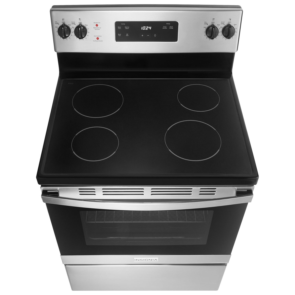 Top-down view of the Insignia range showing four cooktop circles and stainless control panel
