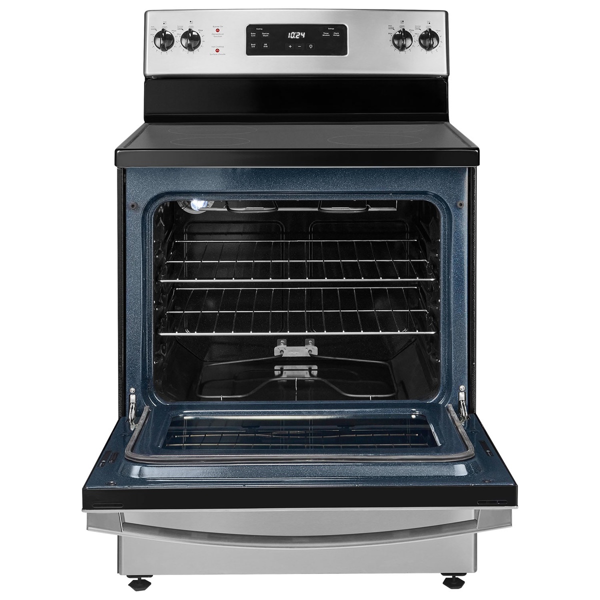 Open oven cavity of Insignia range showing two racks and interior light